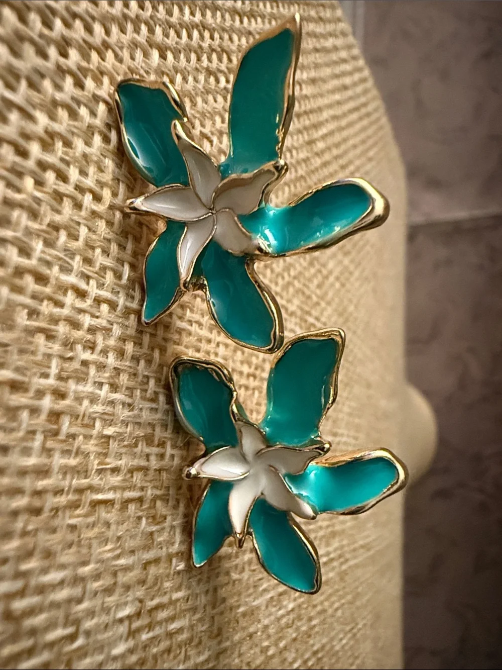 Turquoise Floral Enamel Earrings with Gold Accents